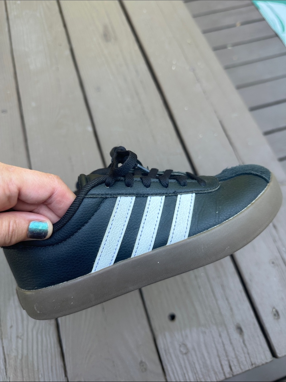 adidas Kids Black Sneakers with White Stripes and Brown Sole - Picture 2 of 5
